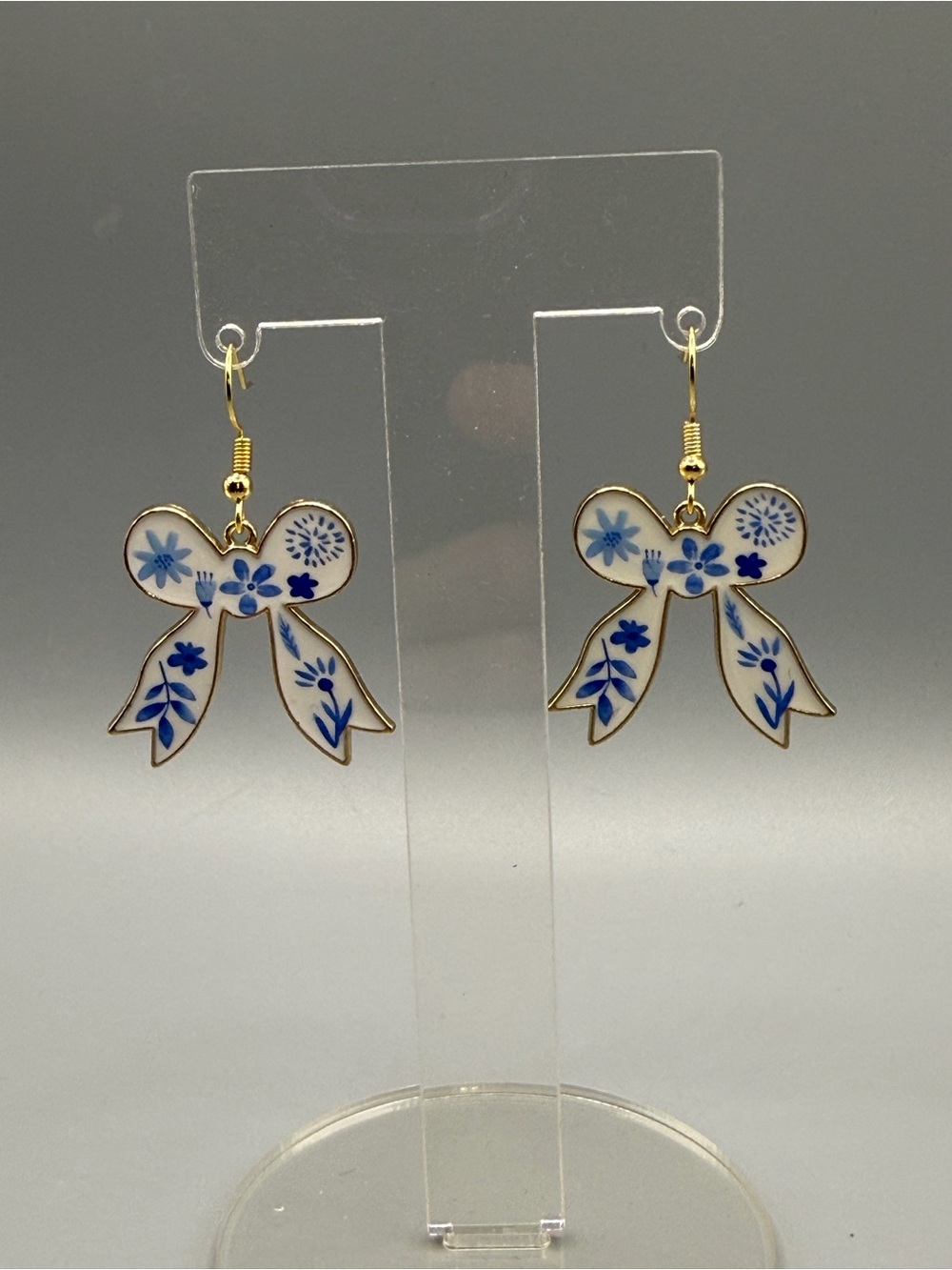Blue Floral Bow Drop Earrings - Handmade #E0507C